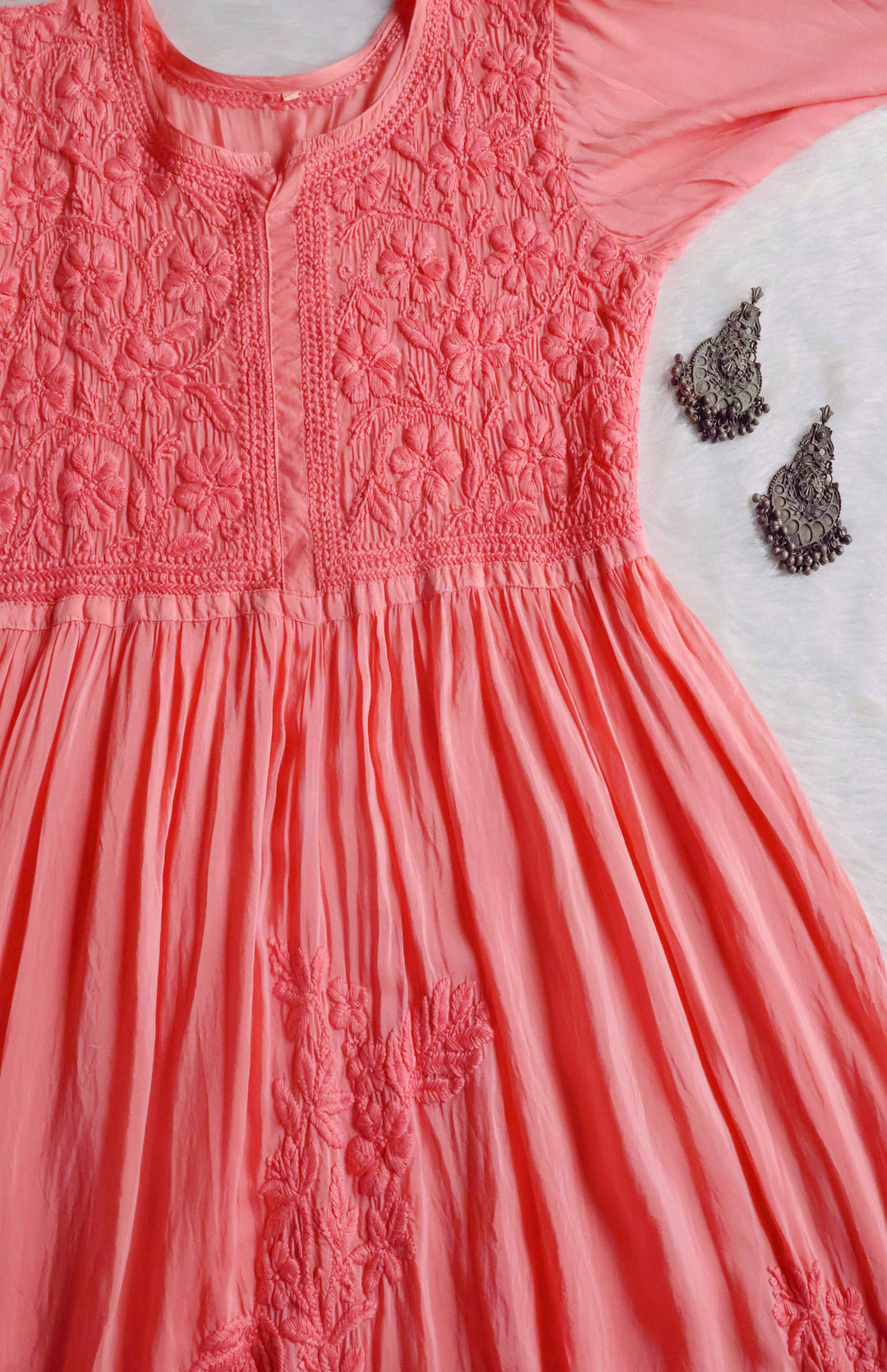 Aafiyat Pure Muslin Rose Pink Chikankari Fit and Flare dress