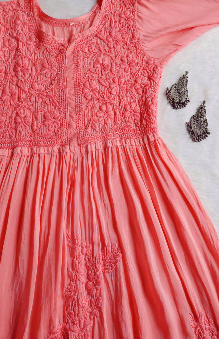 Aafiyat Pure Muslin Rose Pink Chikankari Fit and Flare dress