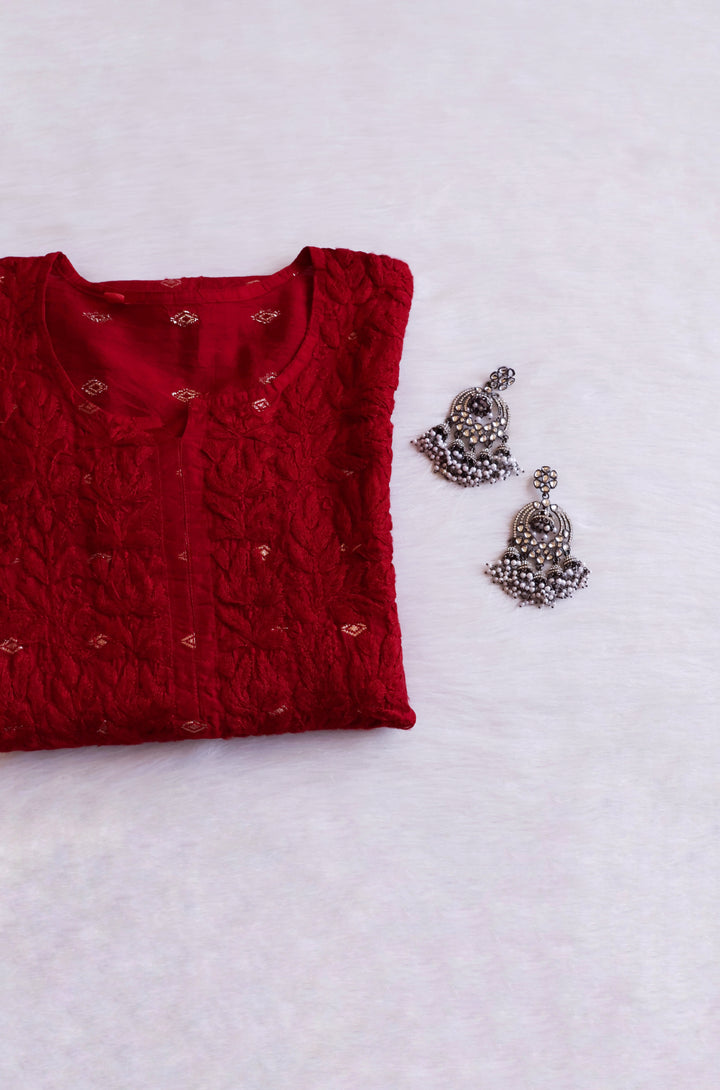 Nazakat Maroon Long Chanderi Kurta
