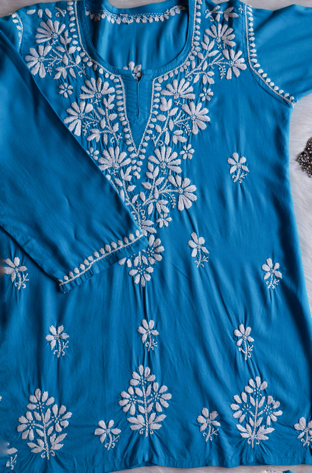 Aayat Ocean Blue Short Rayon Kurta - Noor Chikankari