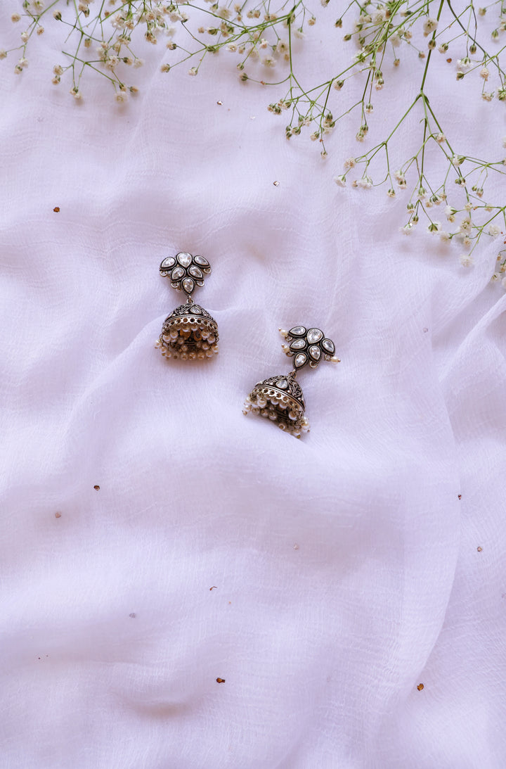Silver Stone & Pearl Oxidised Jhumkas