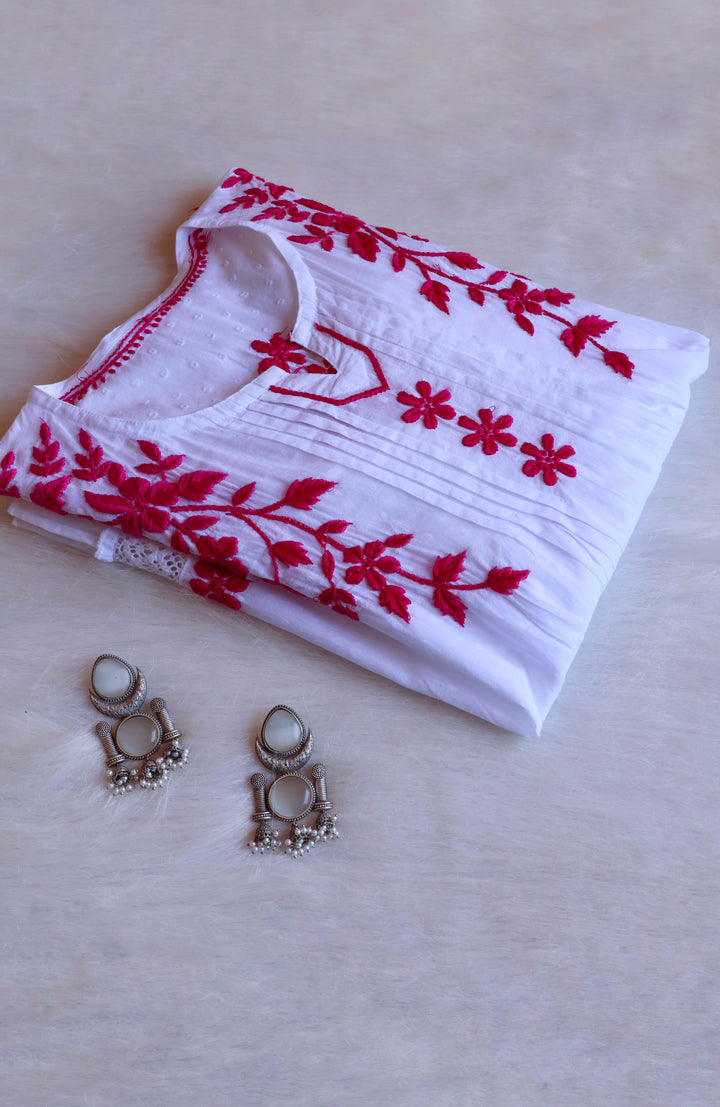 Nazakat White & Deep Pink Premium Cotton kurta