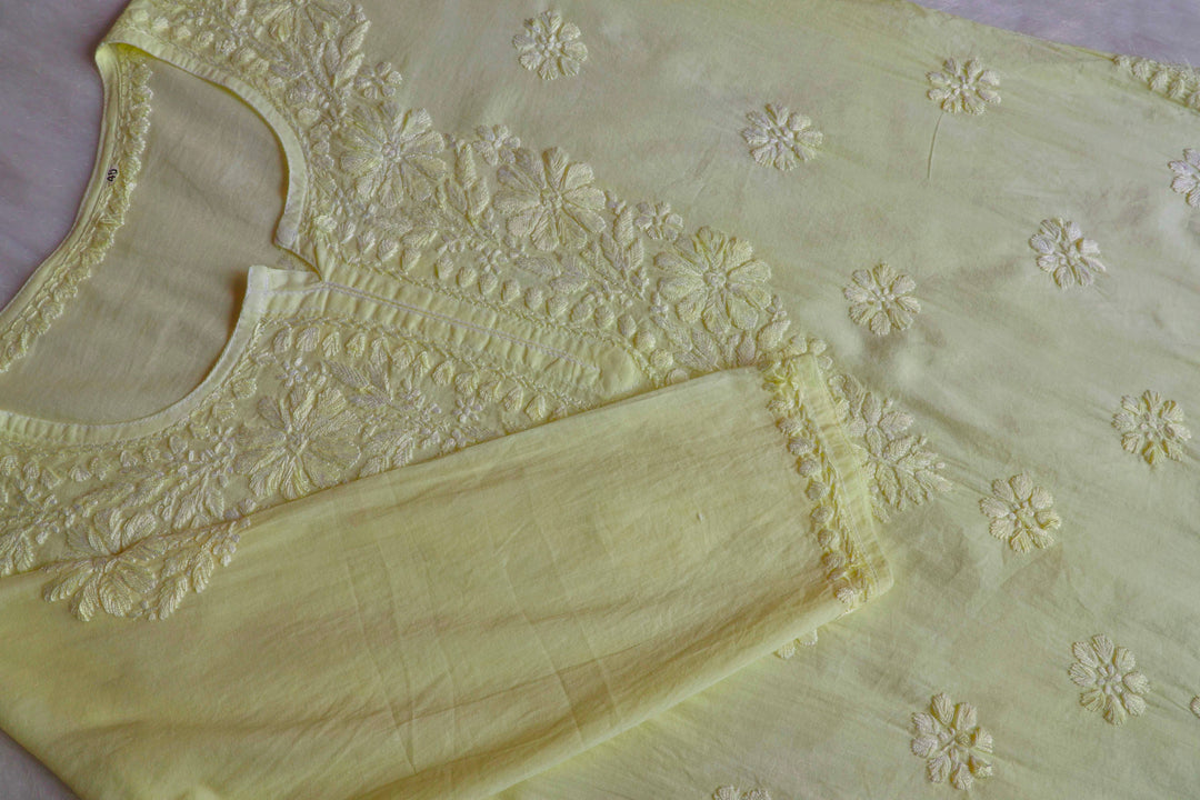 Nazakat Pastel Yellow Cotton short kurta