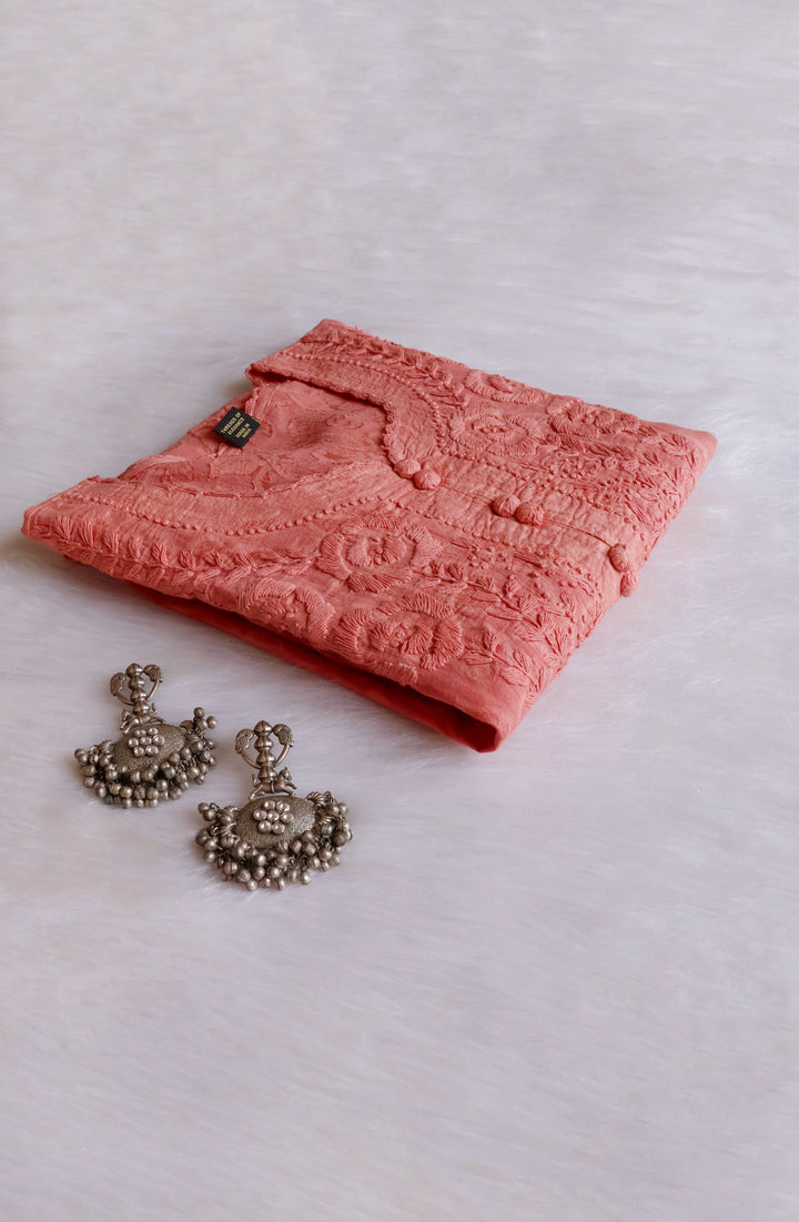 Rose Brown Long Jacquard Lace Cotton kurta