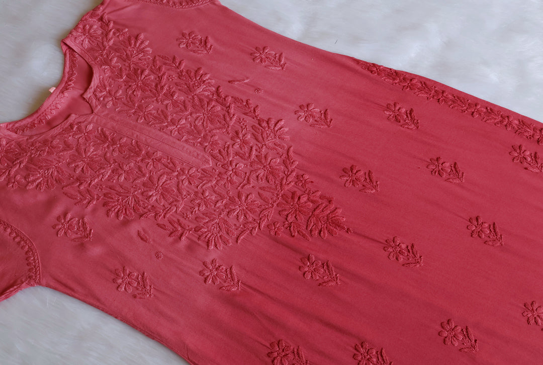 Sanam Rose Brown Ombre Long Rayon Kurta - Noor Chikankari