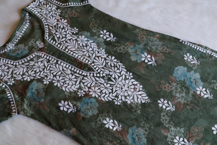 Dahlia Green Floral Long MulMul kurta - Noor Chikankari