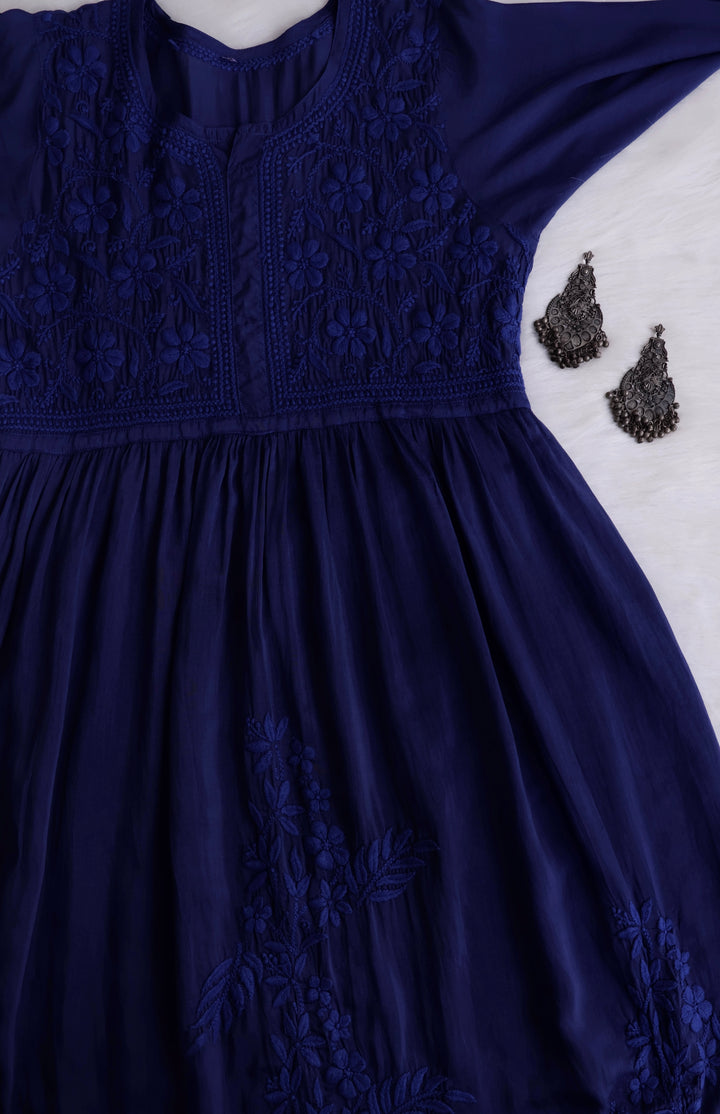 Aafiyat Pure Muslin Royal Blue Chikankari Fit and Flare dress