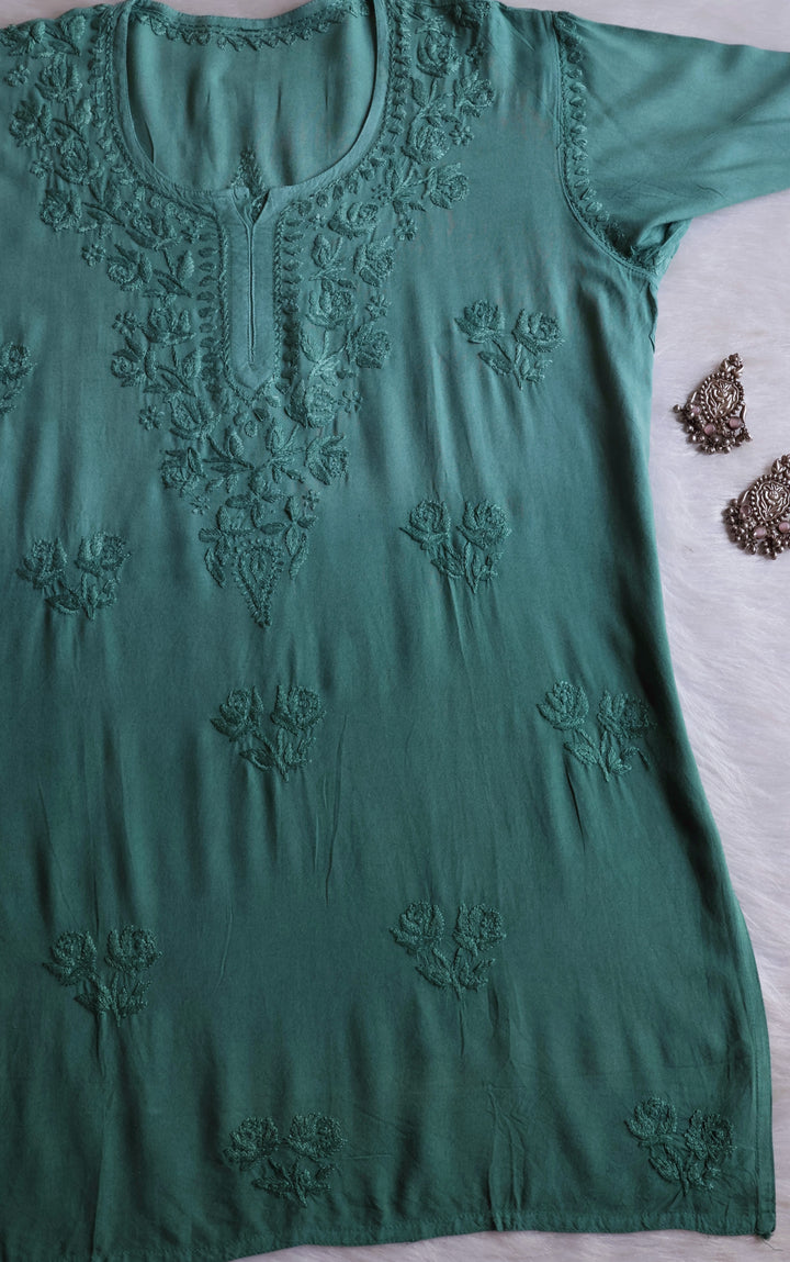 Gul Sage Green Ombre Short Rayon Kurta - Noor Chikankari