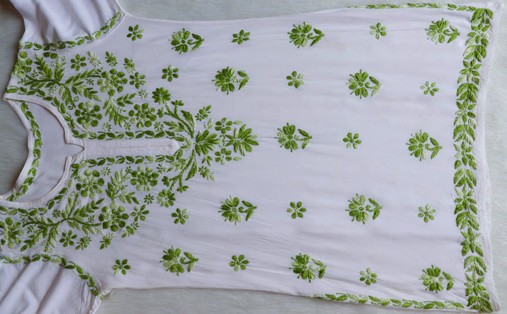 Gulbahaar White & Olive Green Cotton short kurta