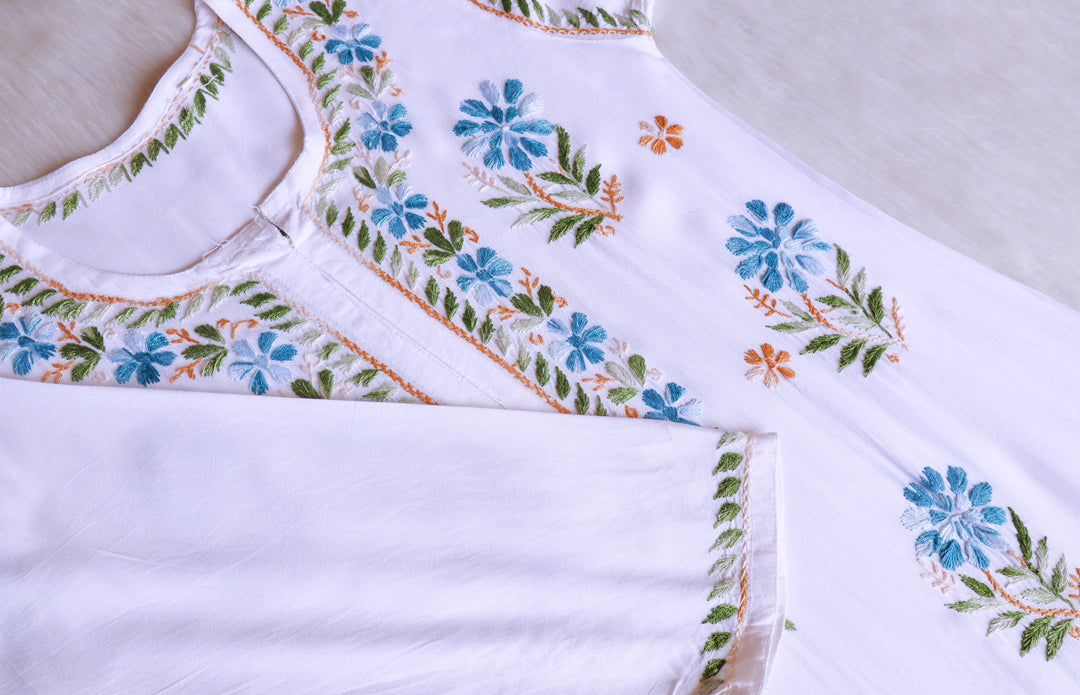 Gul-e-Jahaan White & Sky Blue Rayon Kurta