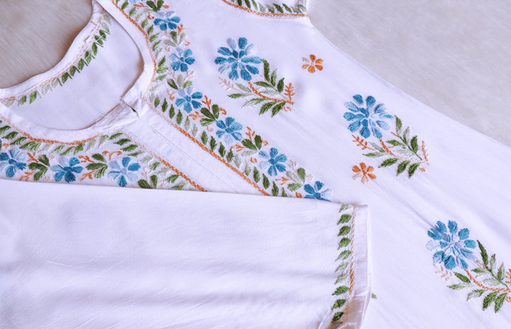 Gul-e-Jahaan White & Sky Blue Rayon Kurta