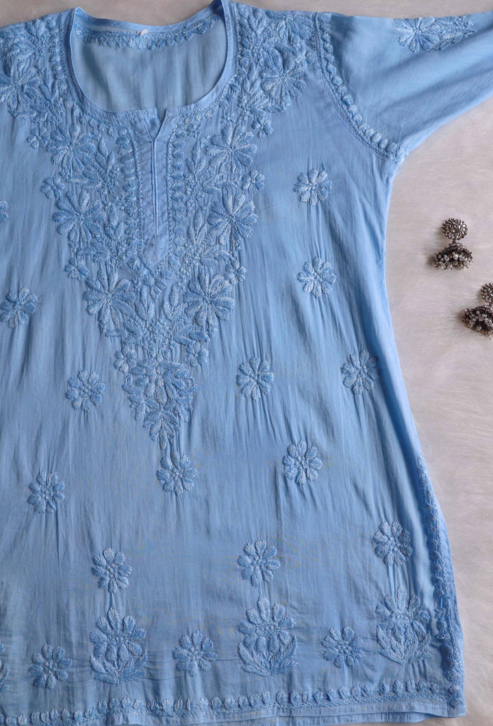 Nazakat Ice Blue Cotton short kurta