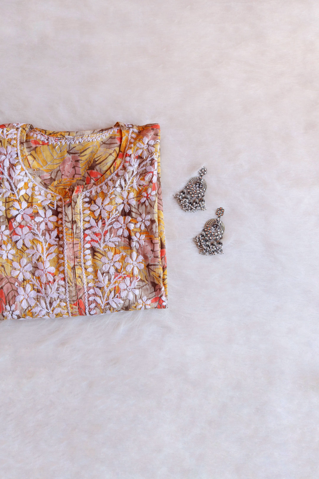 Zahra Golden Floral Long MulMul kurta - Noor Chikankari