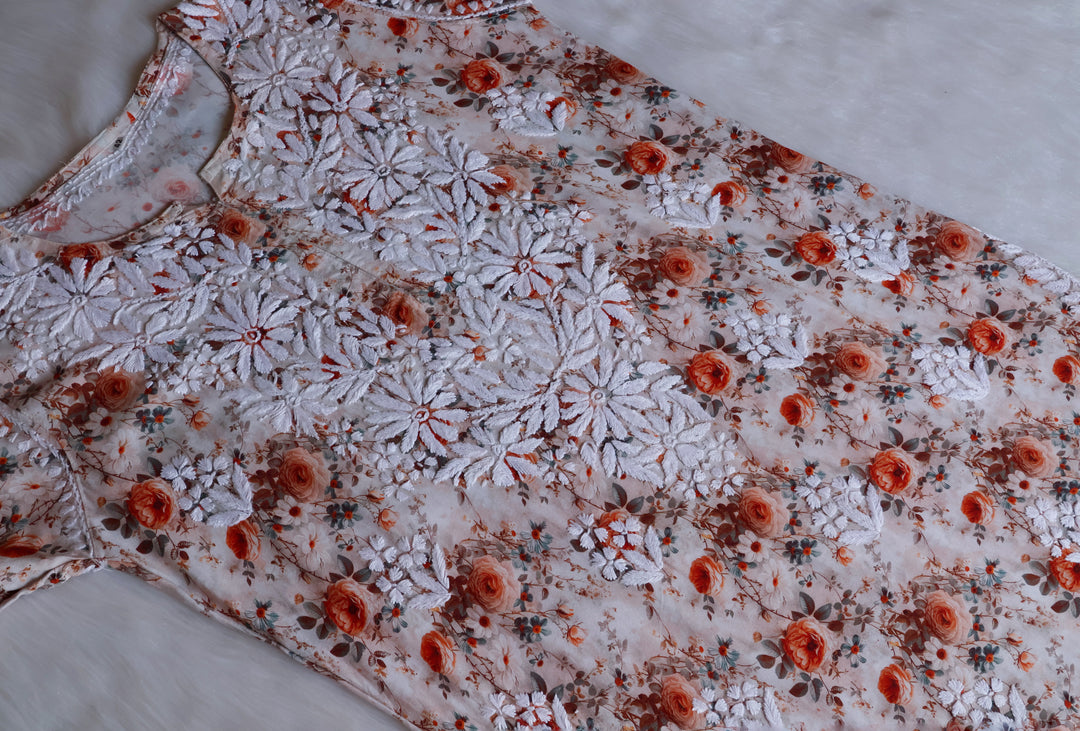 Gulbahaar Beige Floral Long Rayon kurta - Noor Chikankari