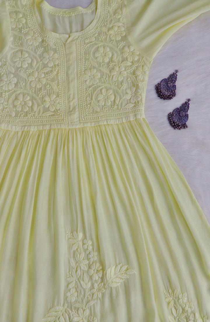 Aafiyat Pure Muslin Butter Yellow Chikankari Fit and Flare dress