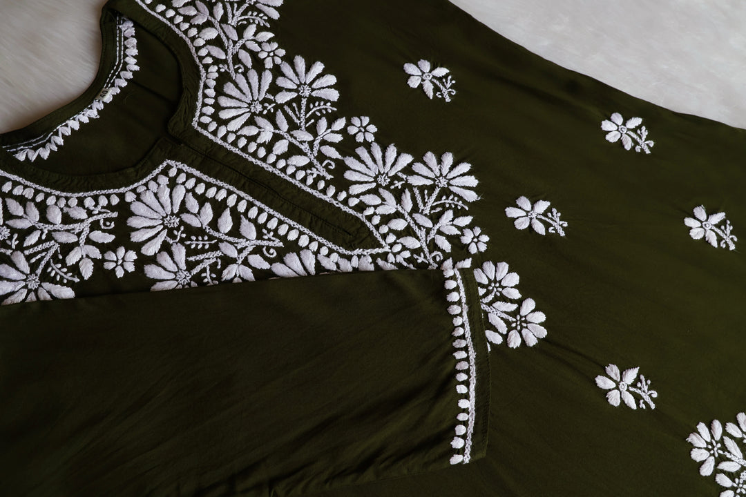 Aayat Olive Green Short Rayon Kurta - Noor Chikankari
