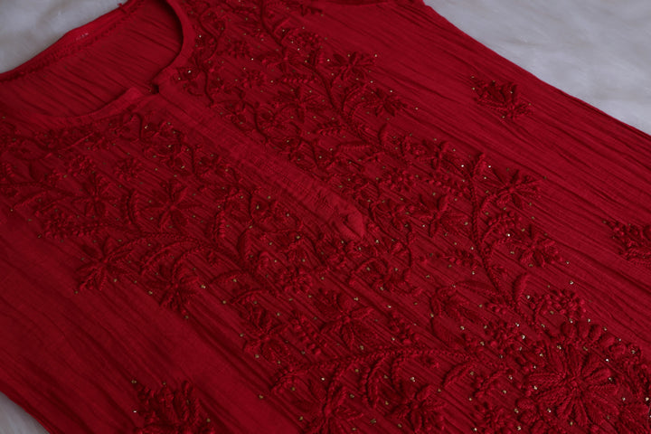 Naqsh Red Pure Chanderi Mulmul Set