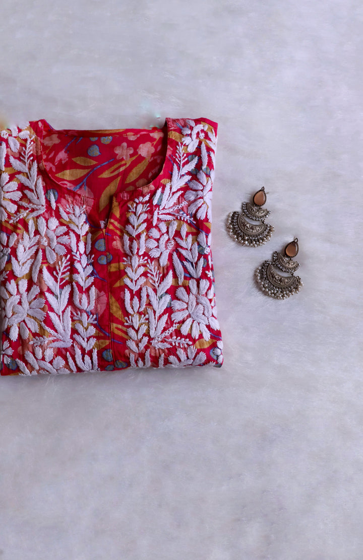 Sajal Deep Pink Floral Long MulMul kurta