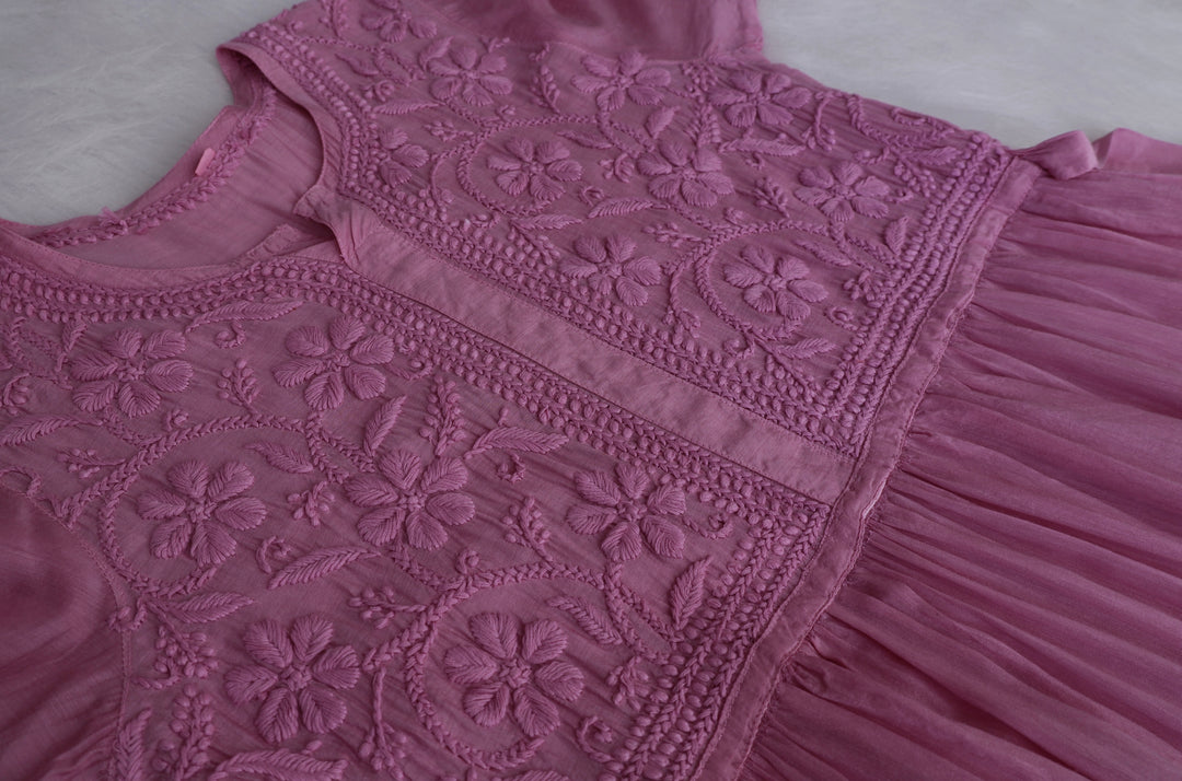 Aafiyat Pure Muslin Dusty Purple Chikankari Fit and Flare dress