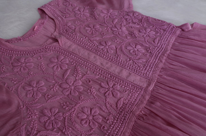 Aafiyat Pure Muslin Dusty Purple Chikankari Fit and Flare dress