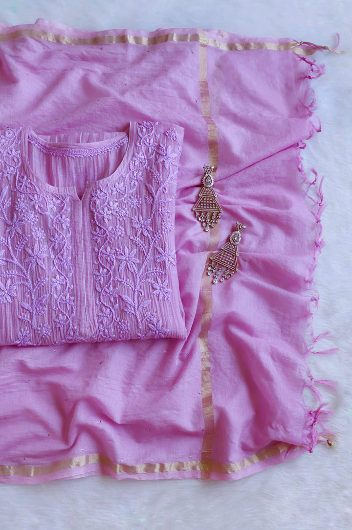 Naqsh Dusty Lavender Pure Chanderi Mulmul Set