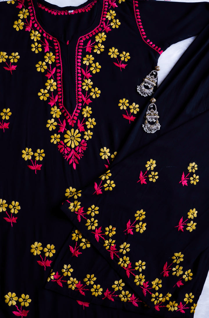 Sitara Black, Pink & Yellow Rayon Kurta Set - Noor Chikankari