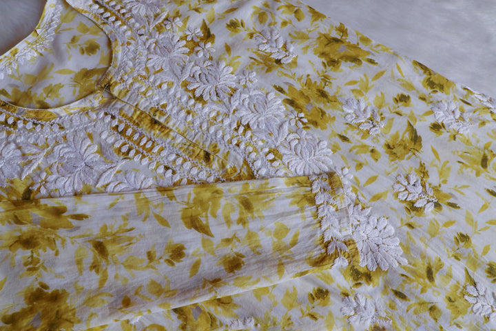 Abhira Olive Green Pure Mulmul set - Noor Chikankari