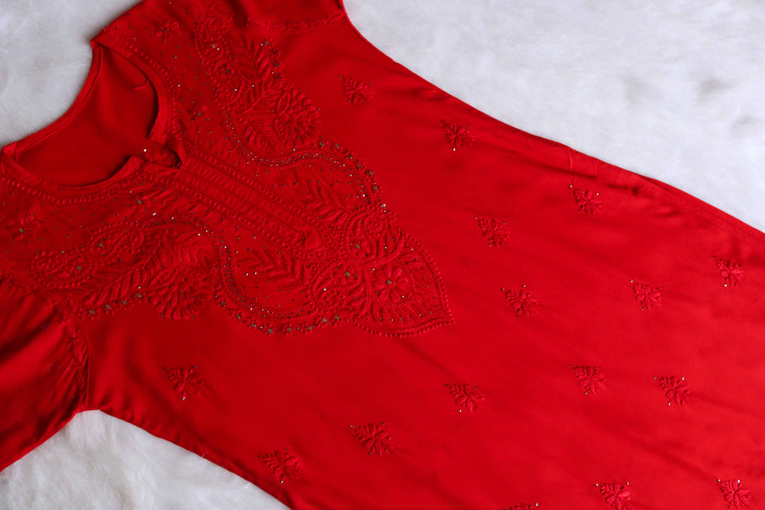 Naida Red Rayon mukaish Long Kurta