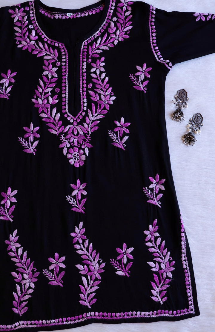 Maaham Black & Lavender Short Rayon Kurta - Noor Chikankari