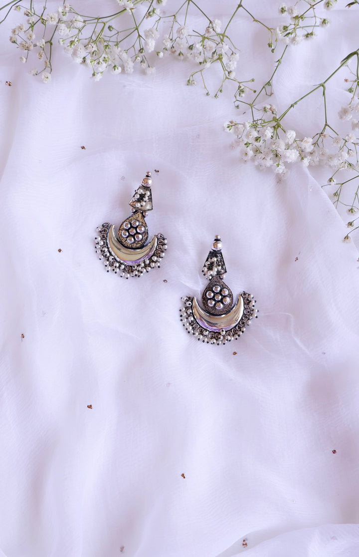 Silver Look-alike Pearl Long oxidised earrings