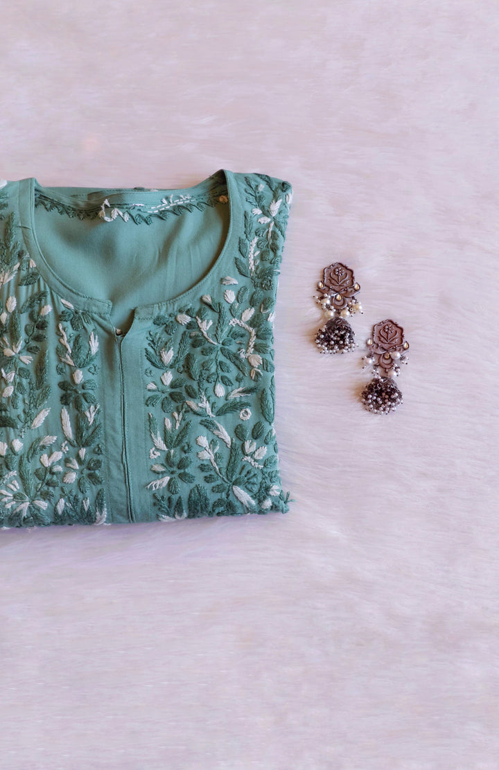 Nuresa Sage Green Ombre Thread Long Rayon Kurta - Noor Chikankari