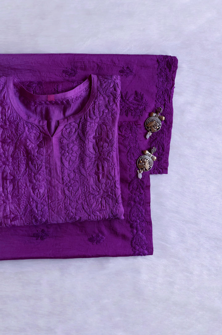 Jannat Deep Purple Pure Chanderi set - Noor Chikankari