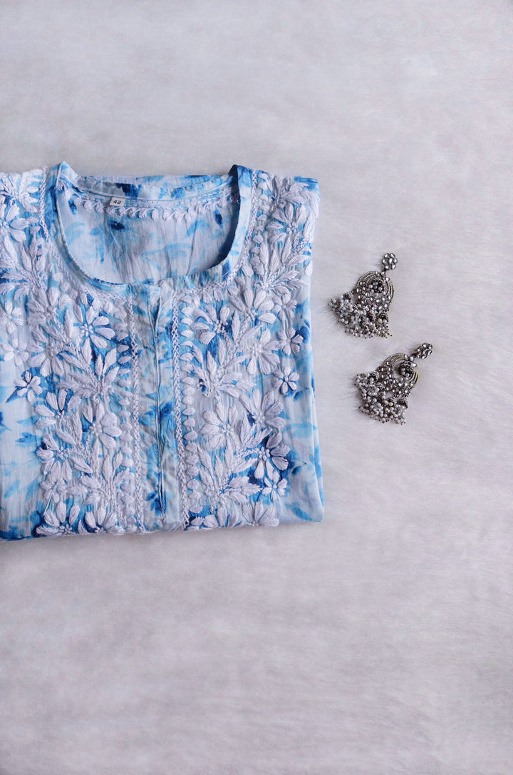 Abhira Ice Blue Mulmul Long Kurta