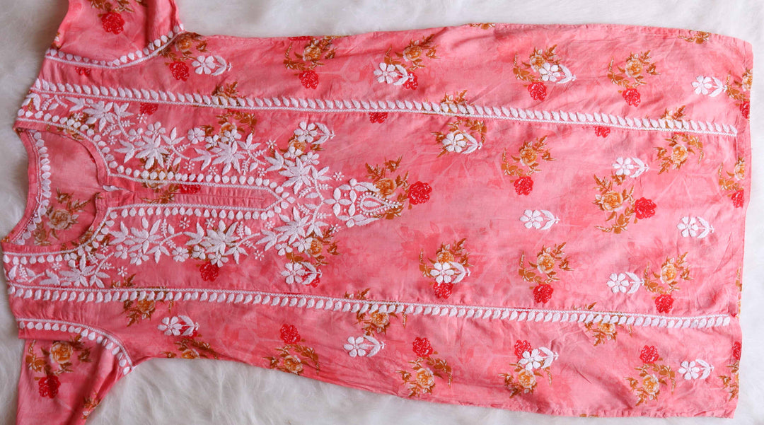 Gul Premium Peach Floral Long MulMul kurta