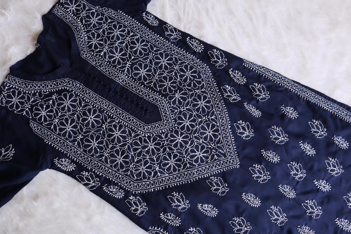 Zahrah Navy Blue Cotton Mulmul long kurta