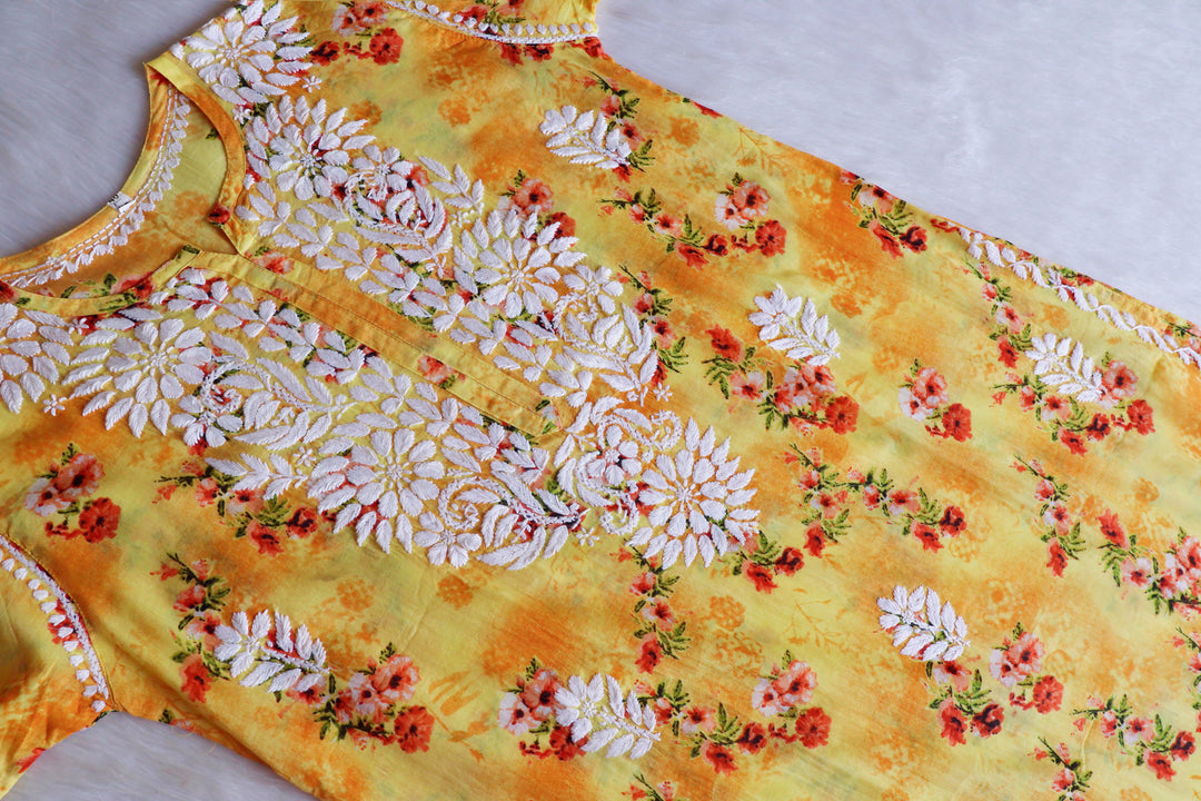 Gul Yellow Floral Long MulMul Kurta