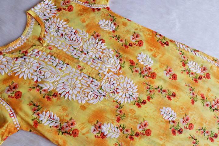 Gul Yellow Floral Long MulMul Kurta