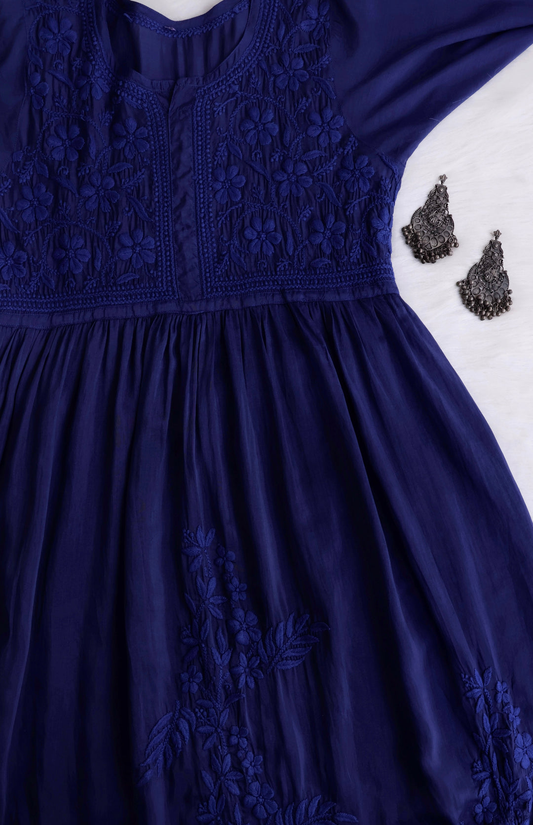 Aafiyat Pure Muslin Royal Blue Chikankari Fit and Flare dress