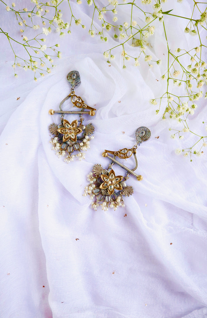 Chunky Dual Toned Bird Long Earrings