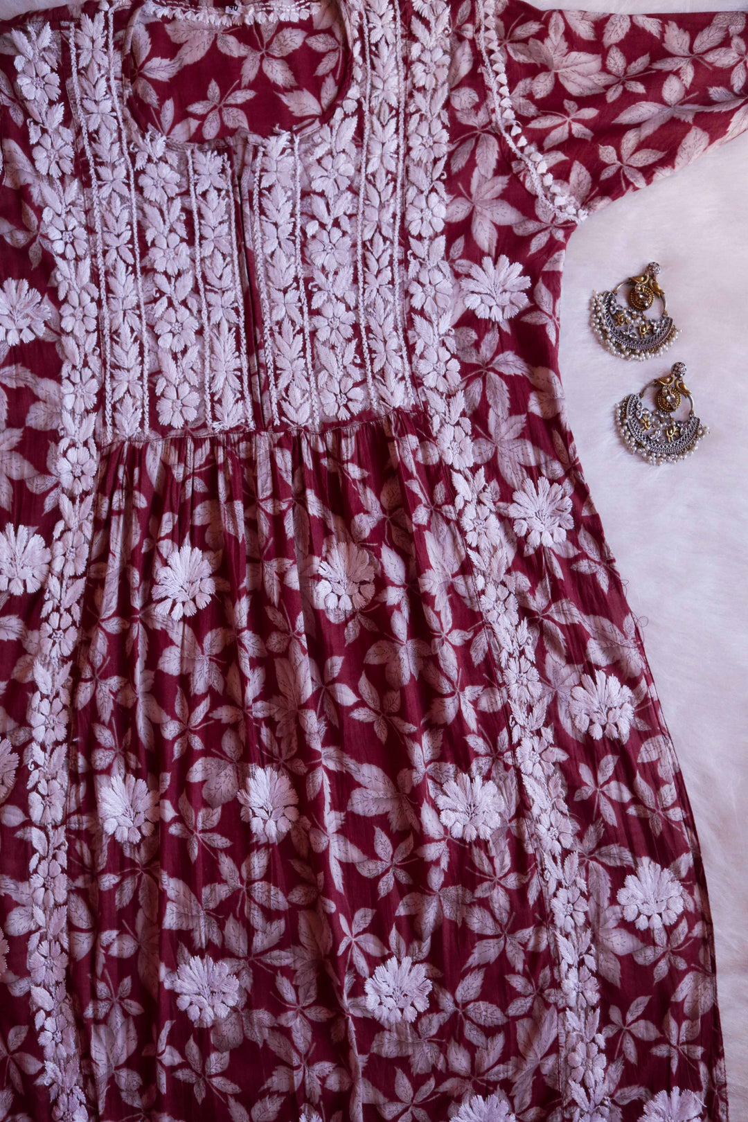 Dahlia Brick Red Floral Mulmul Nyra Cut Dress