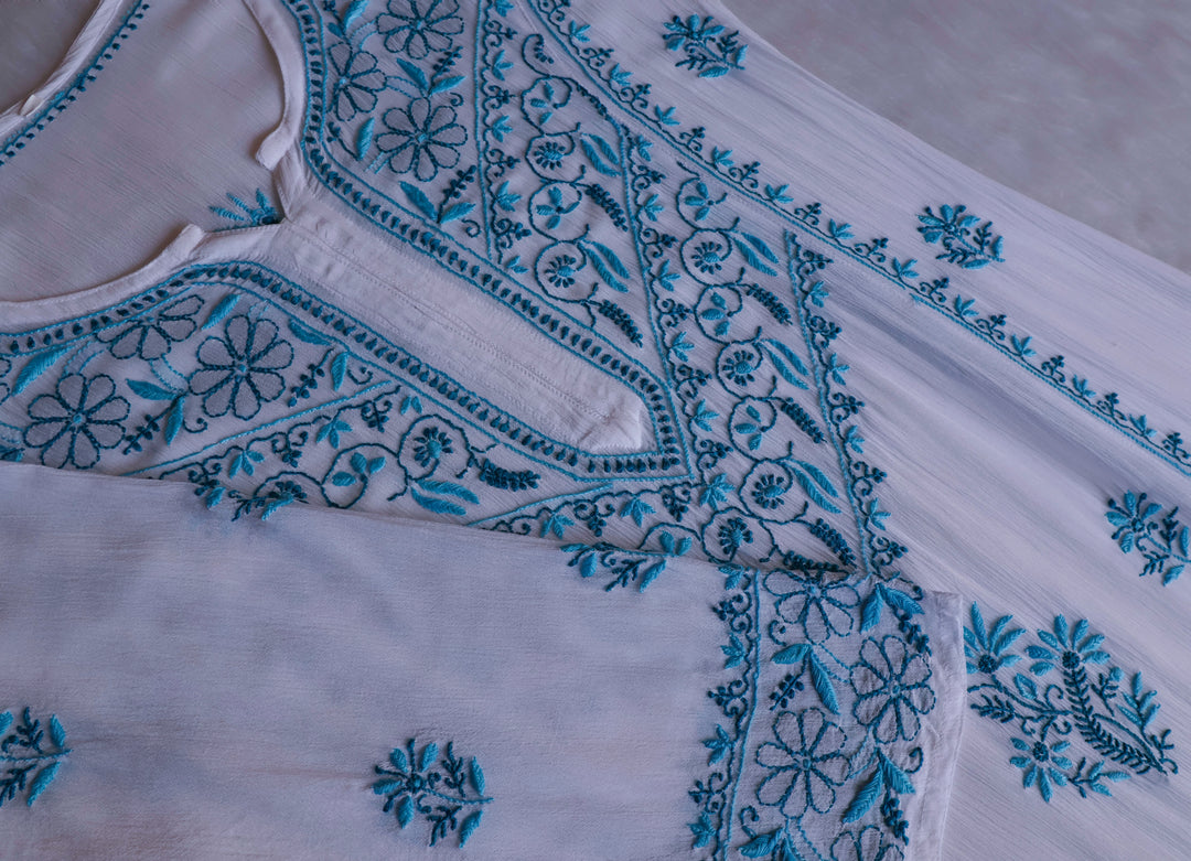 Hoorain White & Blue Pure Chiffon Kurta