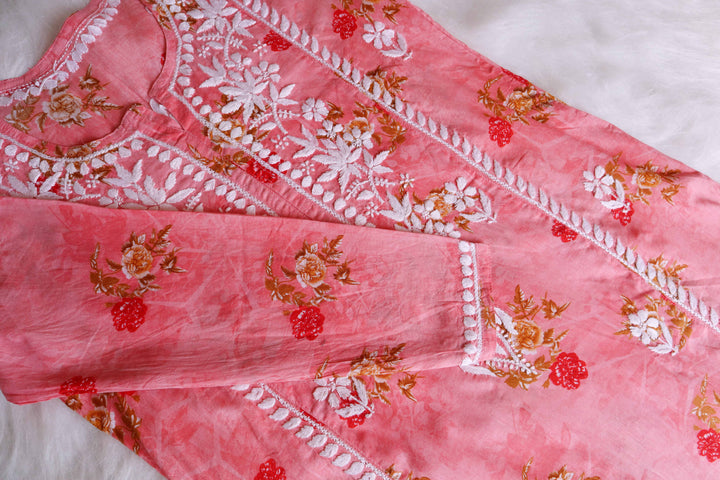 Gul Premium Peach Floral Long MulMul kurta