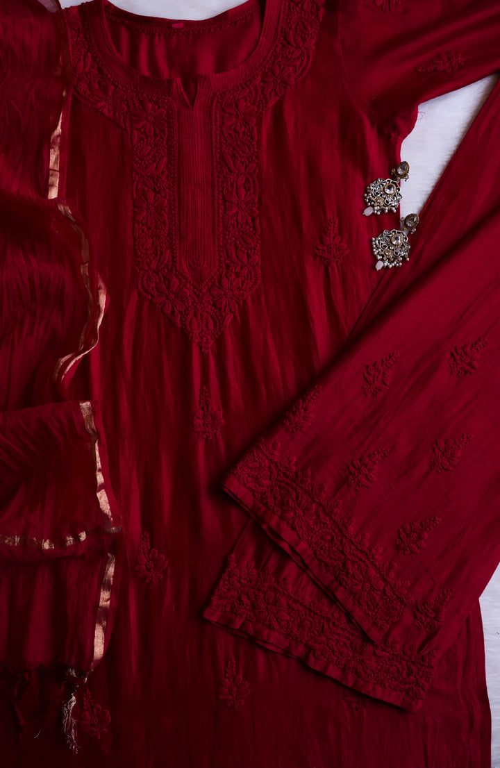 Zimra Luxe Maroon 3 Piece Pure Chanderi set