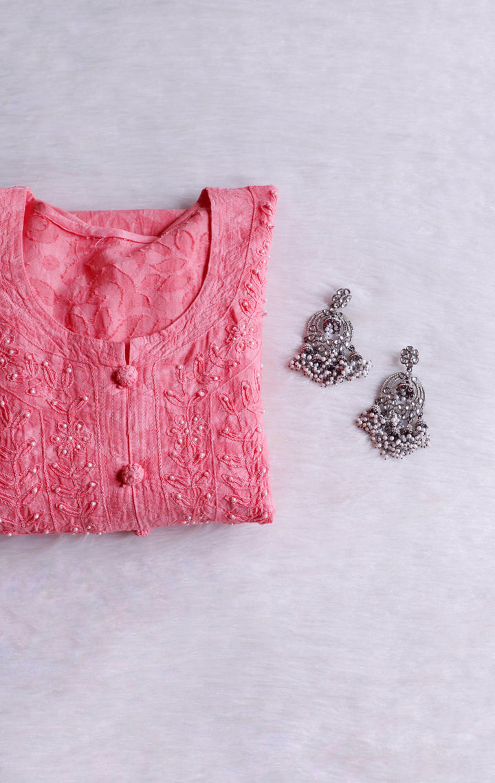 Dusty Pink Long Cotton Jacquard Pearl kurta