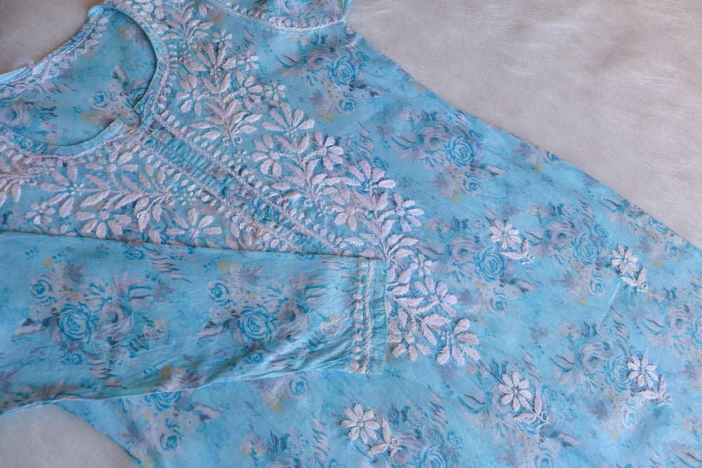 Zahra Sky Blue Floral Long MulMul kurta - Noor Chikankari