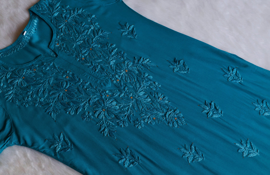 Naira Peacock Blue Rayon Mukaish 3 Piece Set