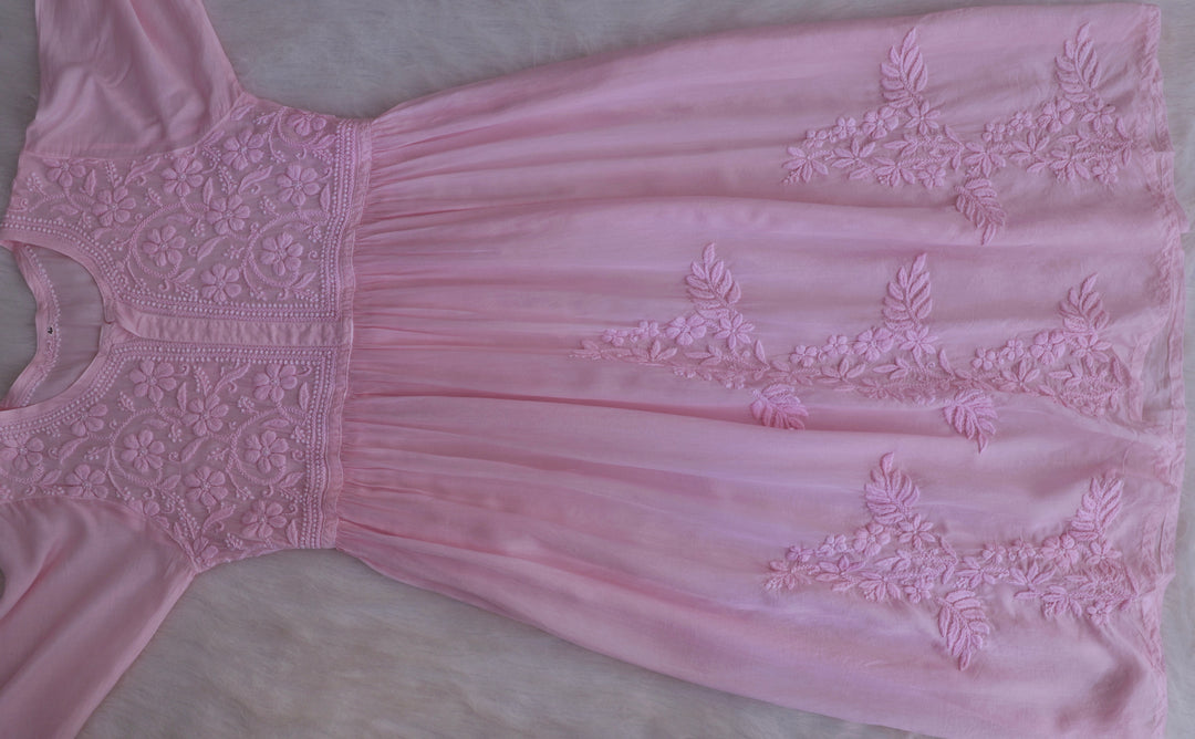 Aafiyat Pure Muslin Baby Pink Chikankari Fit and Flare dress