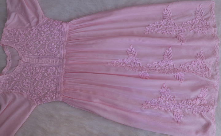 Aafiyat Pure Muslin Baby Pink Chikankari Fit and Flare dress
