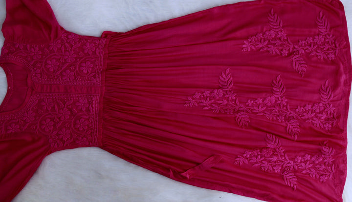 Aafiyat Pure Muslin Deep Pink Chikankari Fit and Flare dress