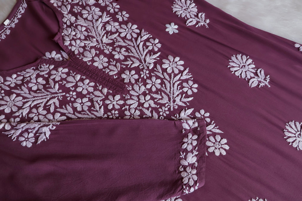 Zahrah Dusty Purple Long Modal Kurta - Noor Chikankari